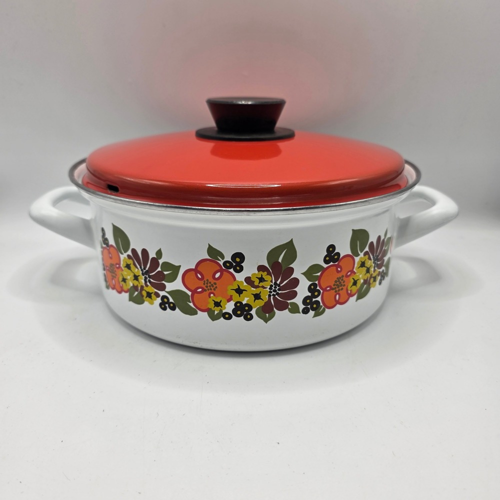 Austria Email Casserole Pot Vintage‎ White Orange Floral Enamelware MCM Cookware